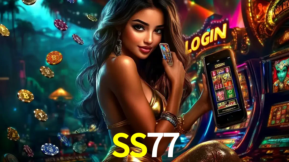 Mulher em um cenário de cassino temático de aventura, mostrando o app de caça-níqueis da SS77 no celular. Fichas de apostas flutuam ao redor.