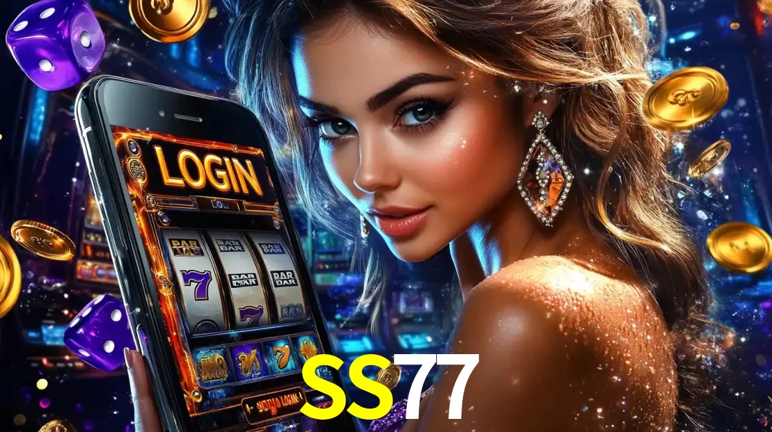 Mulher glamorosa segurando um smartphone com a tela de login para os jogos de caça-níqueis do cassino online SS77, com moedas de ouro e dados ao redor.