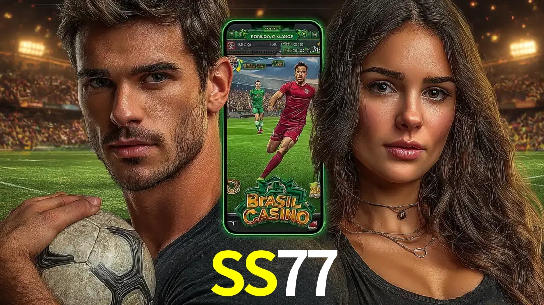 Homem segurando uma bola de futebol e uma mulher ao lado de um smartphone exibindo o jogo de apostas esportivas da SS77. Faça seu palpite no cassino online.